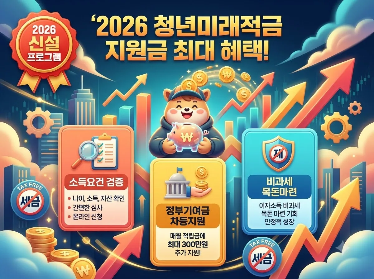 2026년 청년미래적금의 소득 요건별 정부기여금지원 비율과 비과세 혜택 정보를 한눈에 이해하기 쉽게 정리한 인포그래픽 썸네일 이미지입니다.