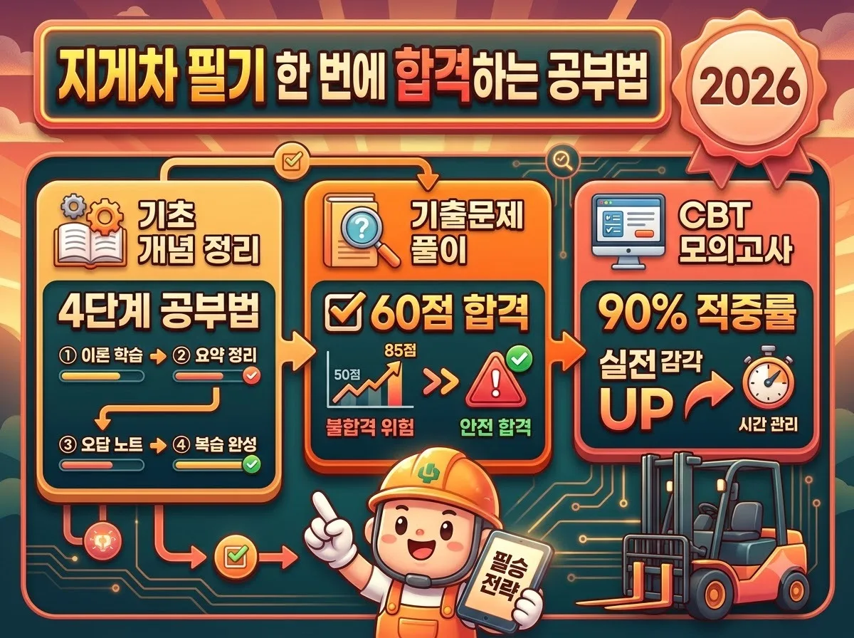 2026년 지게차운전기능사 필기시험을 한 번에 합격하기 위한 4단계 공부 방법과 합격 기준을 안내하는 인포그래픽 썸네일