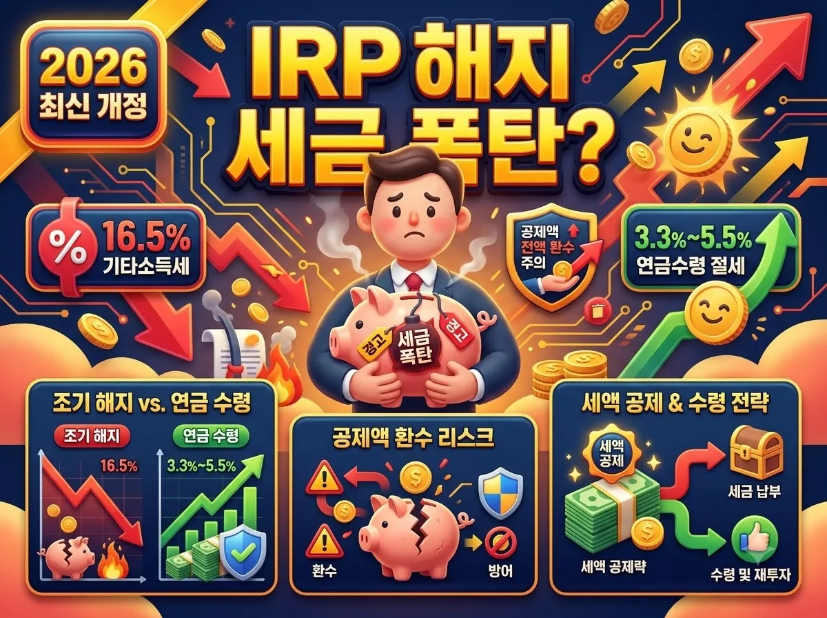 IRP 및 연금저축 중도해지 시 16.5% 기타소득세 부과와 세액공제 환수를 피하기 위한 필수 점검 인포그래픽