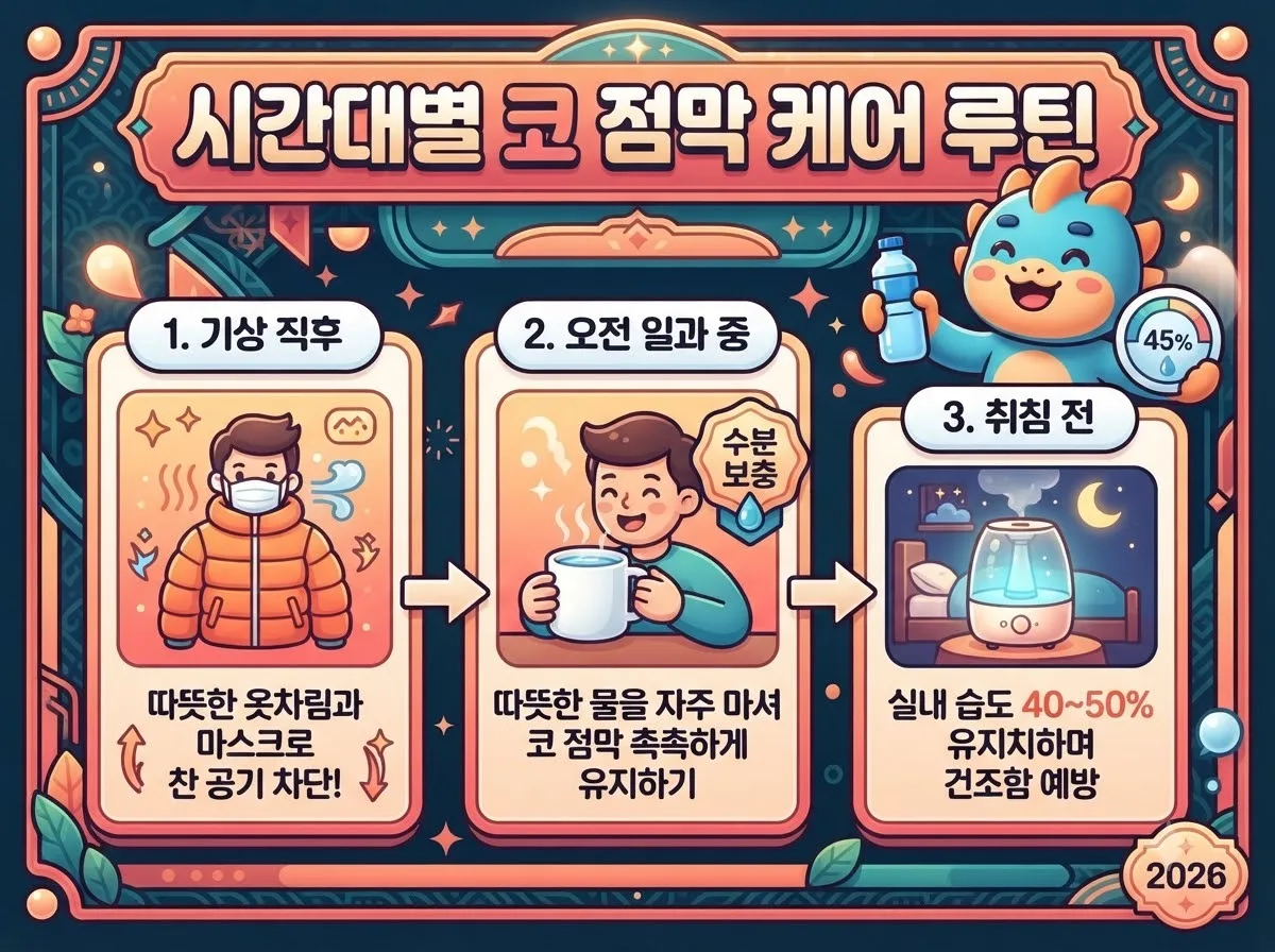 아침 콧물 증상 완화를 위한 기상 직후, 오전 일과 중, 취침 전 시간대별 코 점막 관리 요령 인포그래픽
