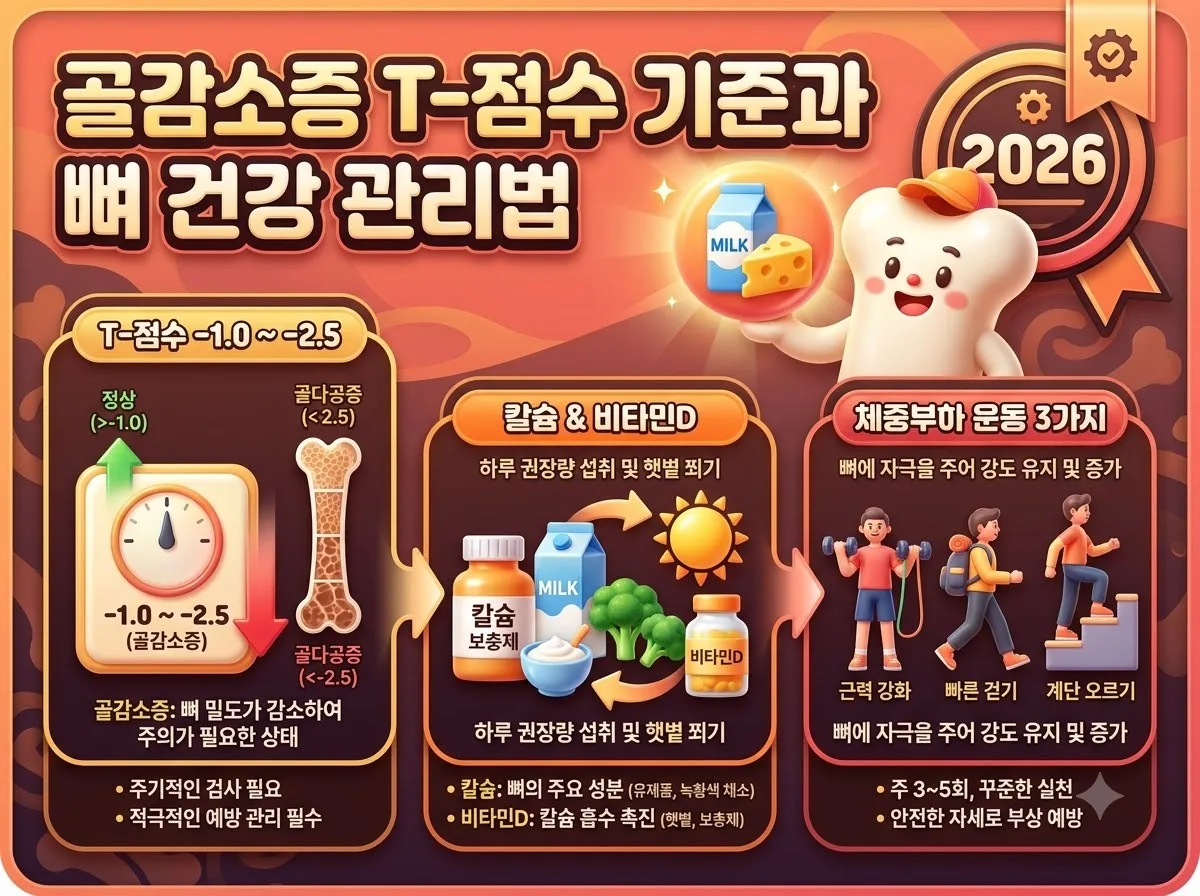골감소증 수치 기준과 뼈 건강 관리를 위한 핵심 정보를 담은 인포그래픽 썸네일 이미지