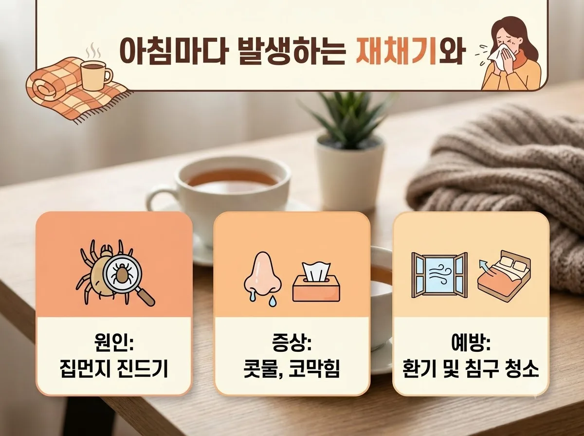 아침 재채기 콧물 멈추는 4가지 생활 루틴 핵심을 요약한 대표 썸네일 이미지