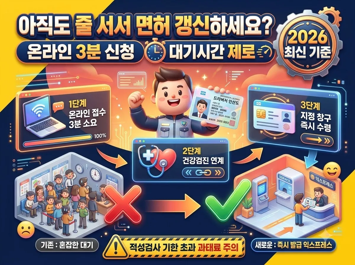 운전면허 갱신 온라인 신청 방법과 현장 대기 시간을 줄이는 예약 팁, 준비물 및 적성검사 수수료 기준을 한눈에 정리한 인포그래픽 안내 포스터입니다.