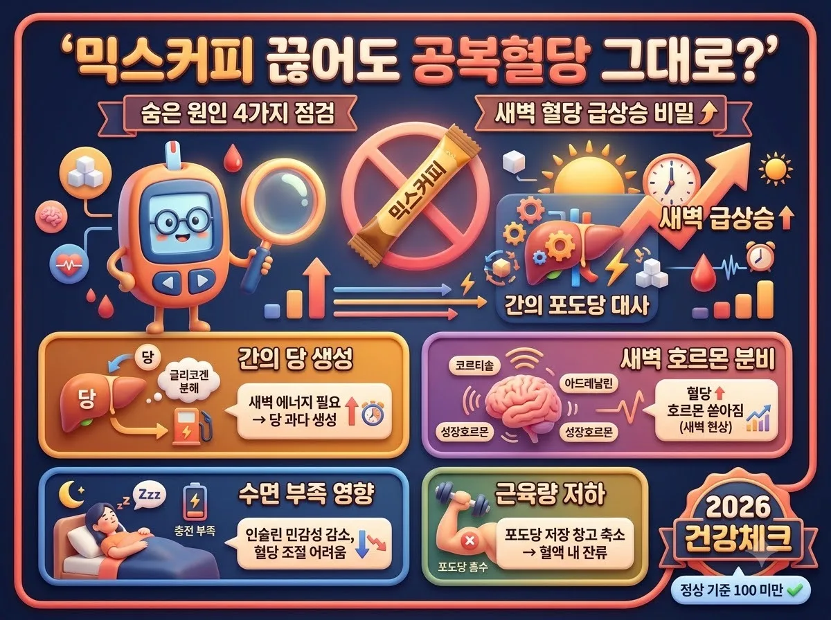 믹스커피를 끊은 후에도 공복혈당이 떨어지지 않는 4가지 핵심 원인과 새벽 시간대 간 대사 작용을 알기 쉽게 정리한 건강 정보 포스터 인포그래픽 이미지입니다.