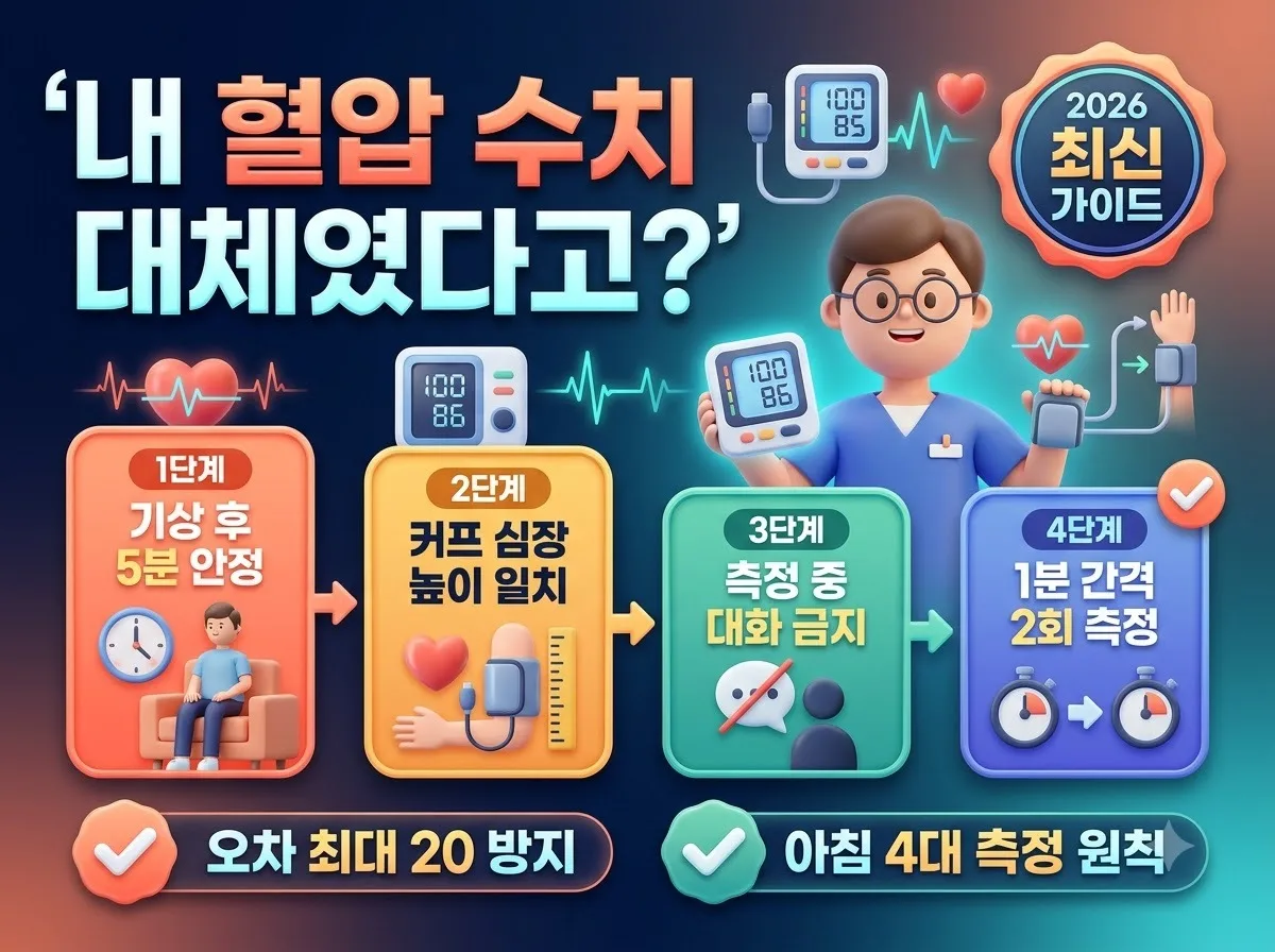 가정용 혈압계의 오차를 줄이기 위한 아침 4단계 측정 원칙과 올바른 커프 착용법을 안내하는 인포그래픽 썸네일