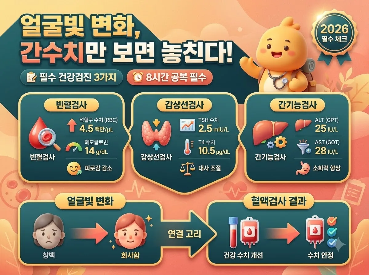 얼굴빛이 달라졌을 때 간수치와 함께 꼭 확인해야 할 필수 건강검진 3가지를 정리한 인포그래픽 썸네일 이미지입니다.