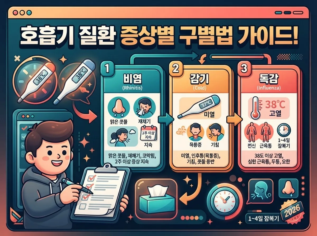 비염, 감기, 독감의 대표적인 발열 기준과 증상 지속 기간을 세부 시각화하여 자가 진단을 돕는 인포그래픽 이미지입니다.
