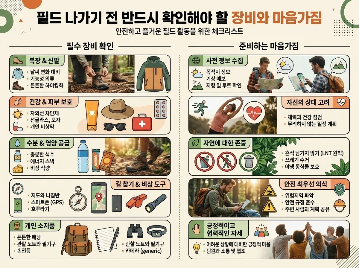 필드 나가기 전 반드시 확인해야 할 장비와 마음가짐 핵심 내용을 한글 라벨로 정리한 정보성 이미지