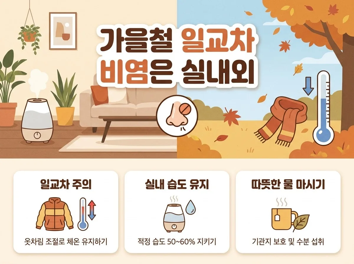 가을철 일교차 비염 증상 완화하는 3가지 방법 핵심을 요약한 대표 썸네일 이미지