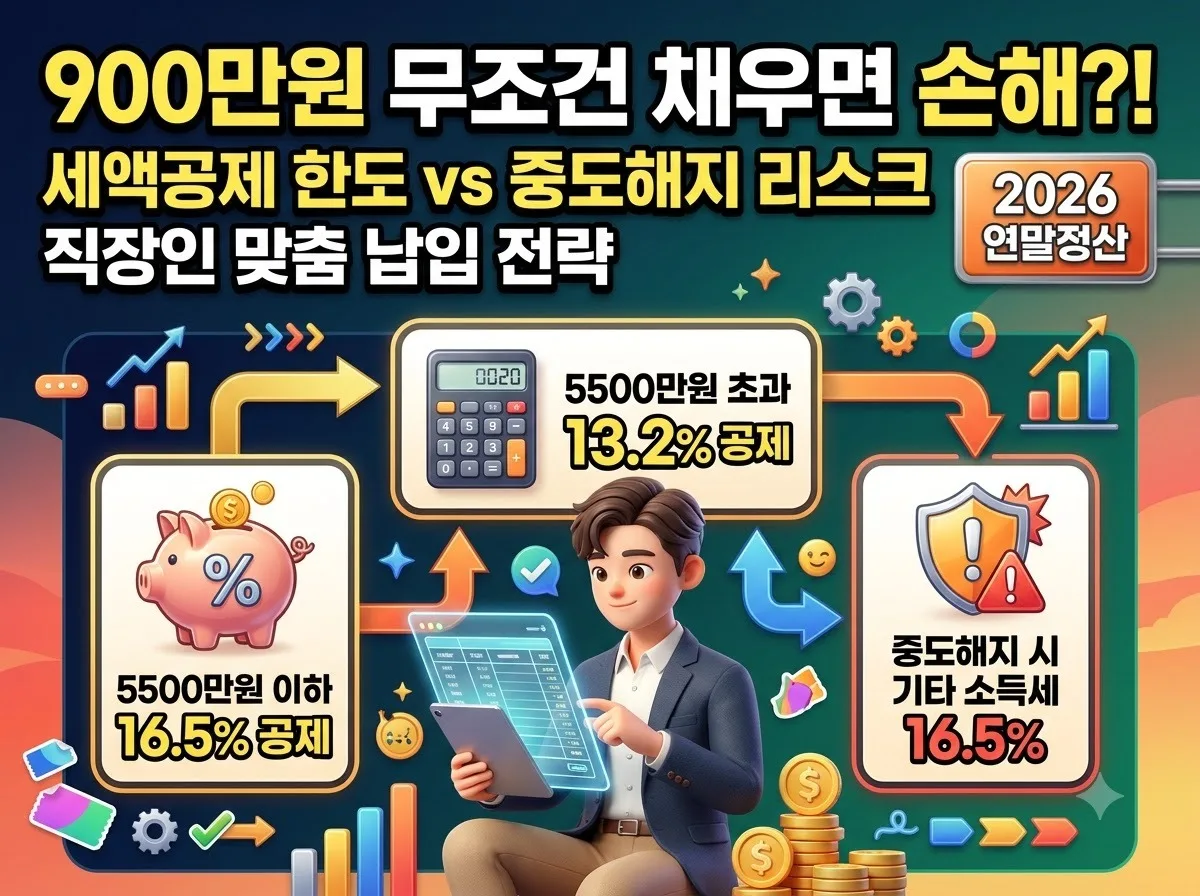 연금저축펀드와 IRP 900만원 납입 전 직장인이 확인해야 할 소득구간별 세액공제율과 중도해지 위험을 정리한 금융 인포그래픽 썸네일입니다.