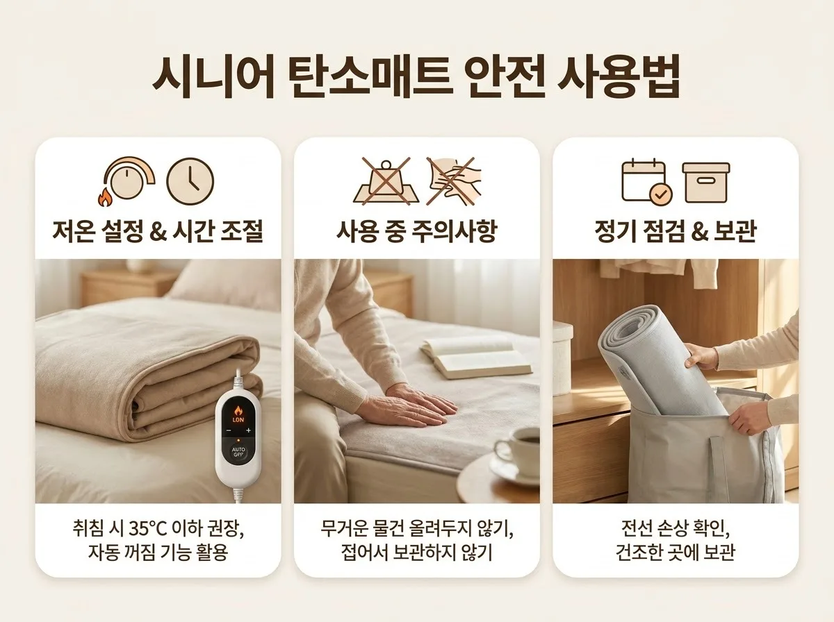 시니어 탄소매트 저온화상과 밤샘 열기 막는 3가지 점검 핵심을 요약한 대표 썸네일 이미지