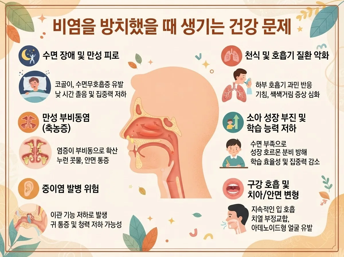 비염을 방치했을 때 생기는 건강 문제 핵심 내용을 한글 라벨로 정리한 정보성 이미지