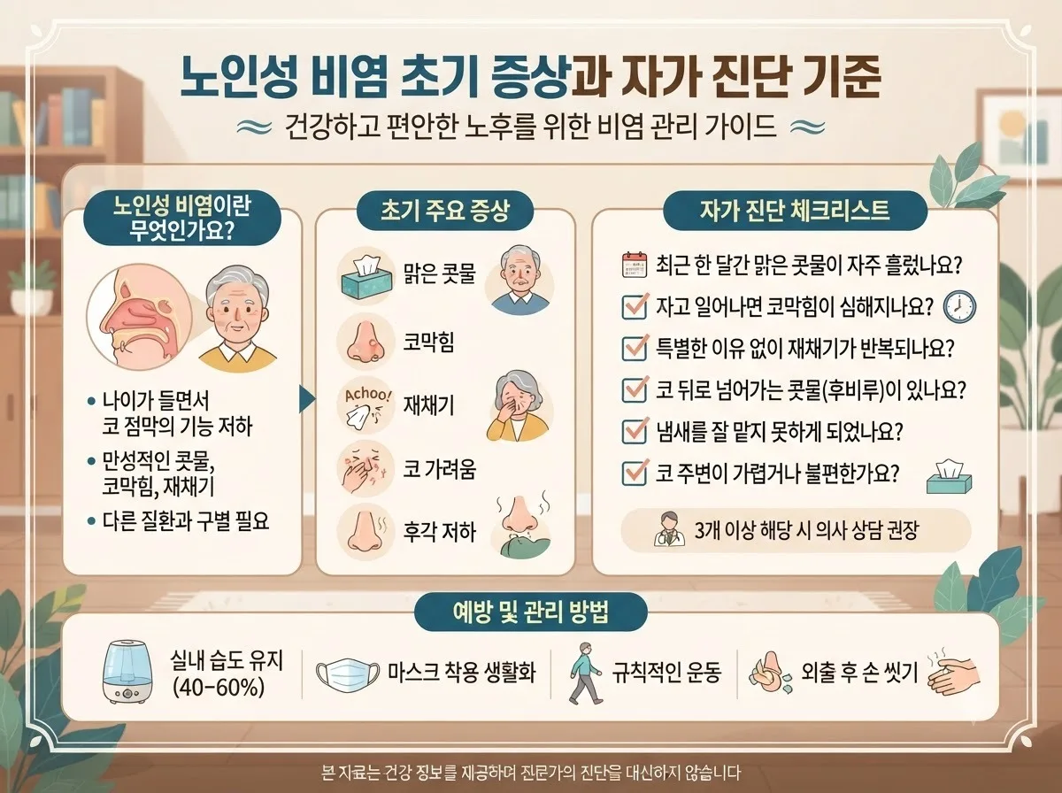 노인성 비염 초기 증상과 자가 진단 기준 핵심 내용을 한글 라벨로 정리한 정보성 이미지