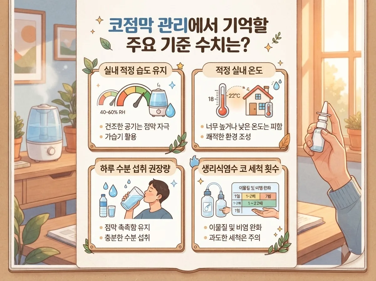 코점막 관리에서 기억할 주요 기준 수치는? 핵심 내용을 한글 라벨로 정리한 정보성 이미지
