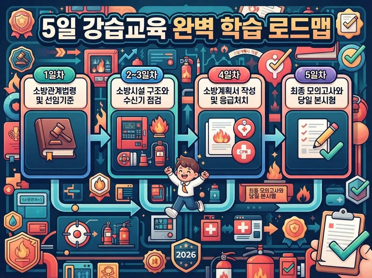 소방안전관리자 2급 강습 교육 5일 동안 일자별로 진행되는 핵심 과목 및 실습 로드맵 안내