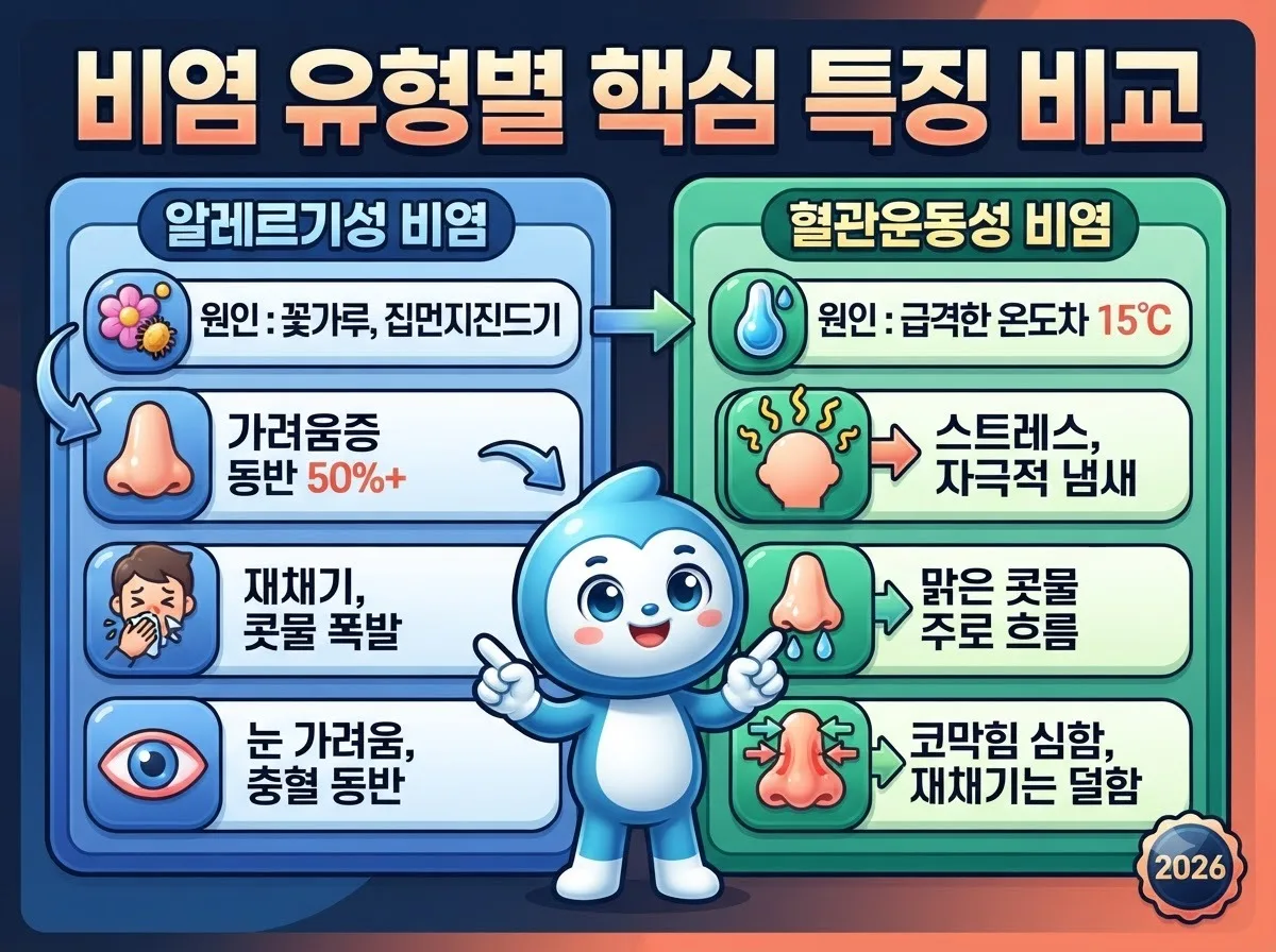 알레르기성 비염과 혈관운동성 비염의 원인 및 특징 차이를 한눈에 비교하는 인포그래픽 이미지
