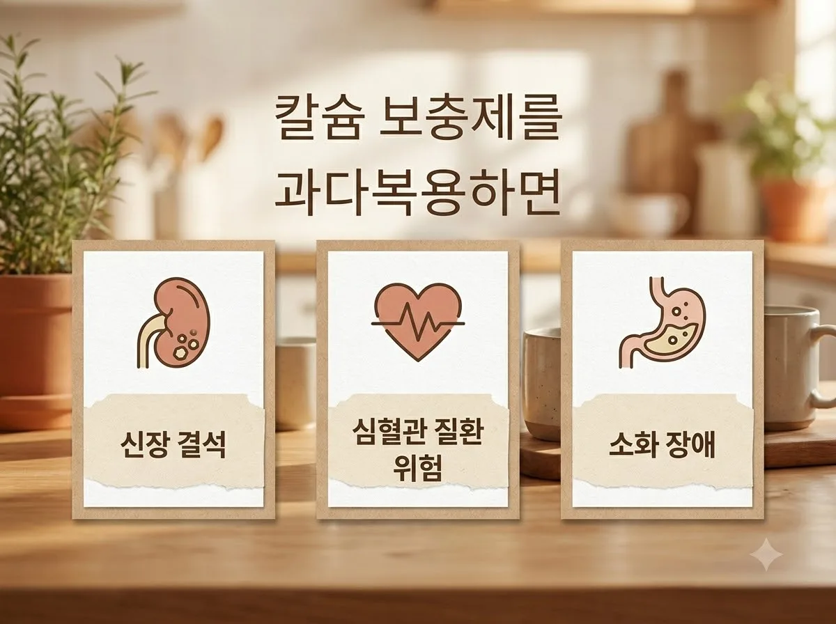 칼슘 보충제 과다복용 부작용, 혈관 건강 지키는 기준 3가지 핵심을 요약한 대표 썸네일 이미지
