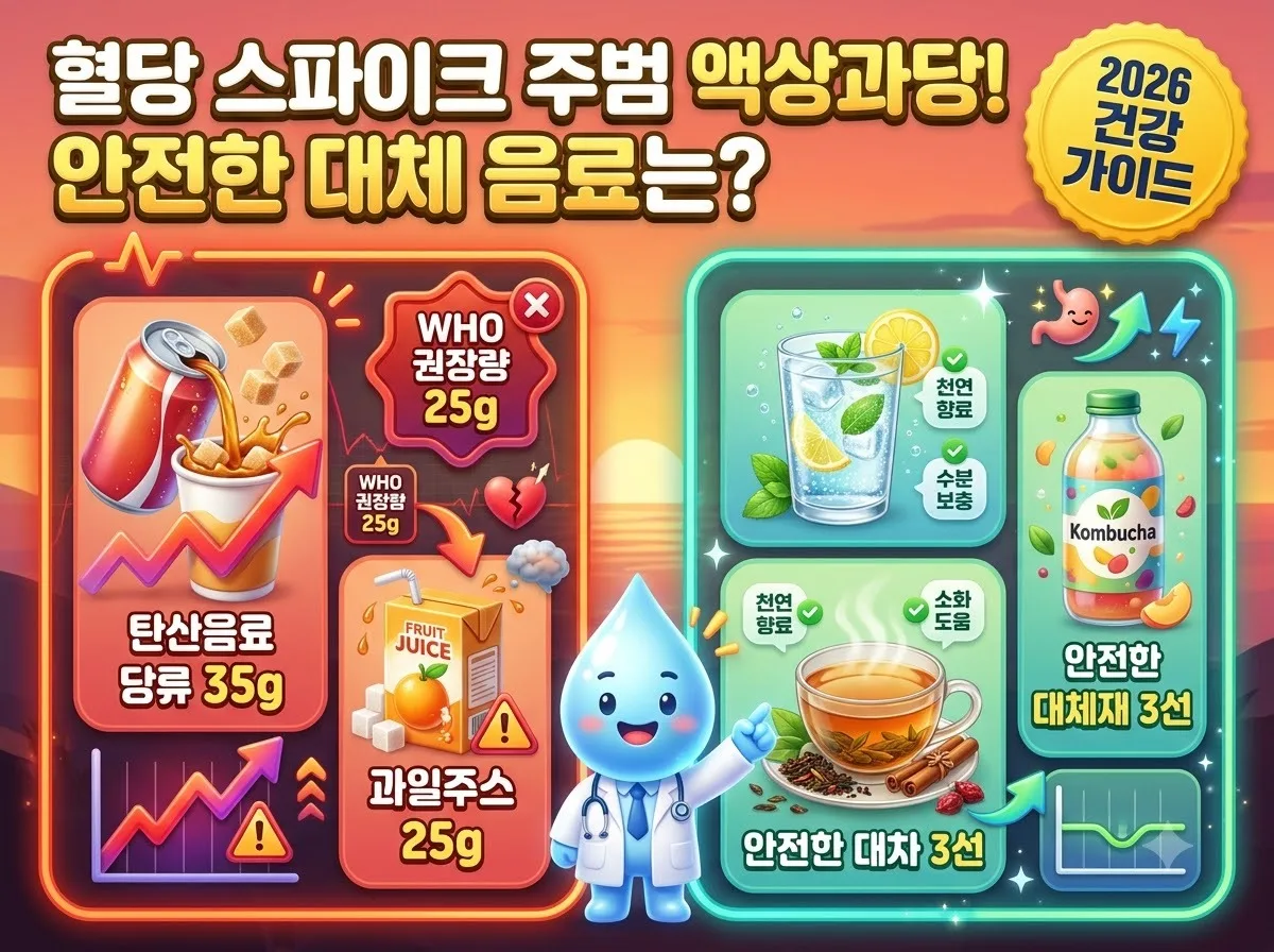 혈당을 급격히 올리는 액상과당 음료의 당류 함량과 이를 대체할 수 있는 안전한 무설탕 음료 3가지를 비교 정리한 건강 인포그래픽 포스터입니다.