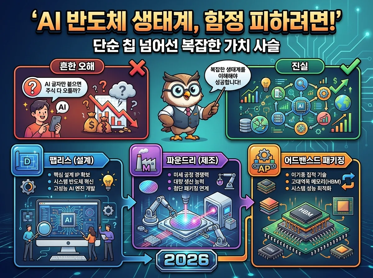 2026년 AI 반도체 시장의 핵심 트렌드인 NPU, 차세대 메모리, 양자/뉴로모픽 기술 발전과 함께 높은 변동성, 기술 경쟁 등 주요 위험 요소를 한눈에 보여주는 인포그래픽. 미래 투자 방향과 주의점을 시각적으로 제시합니다.