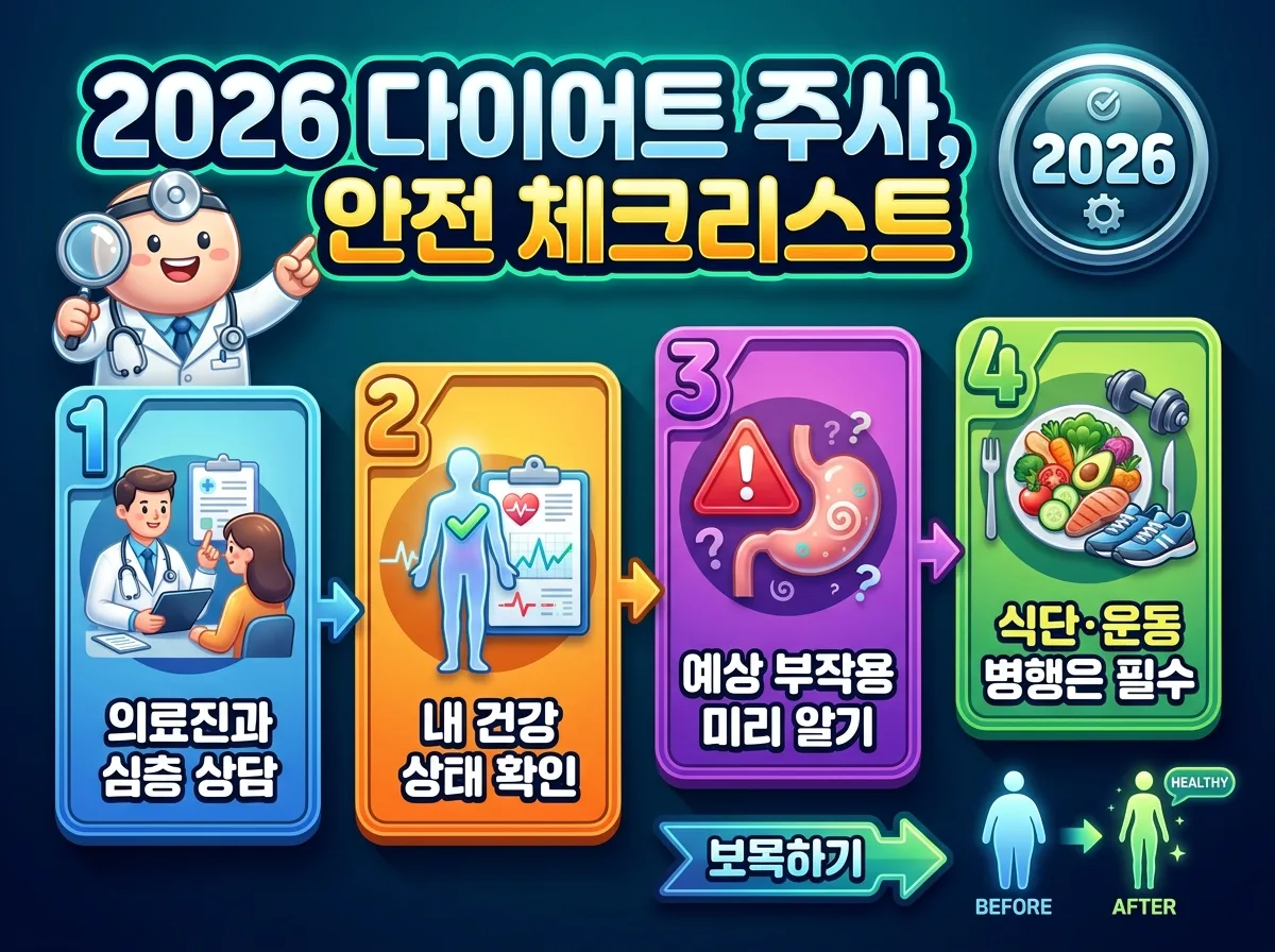 2026년 다이어트 주사 사용 전 반드시 확인해야 할 안전 체크리스트를 시각화한 인포그래픽 포스터. 의료진 상담, 건강 상태 확인, 부작용 인지, 식단·운동 병행의 4단계가 한글 문구와 아이콘으로 명확하게 제시되어 있다.