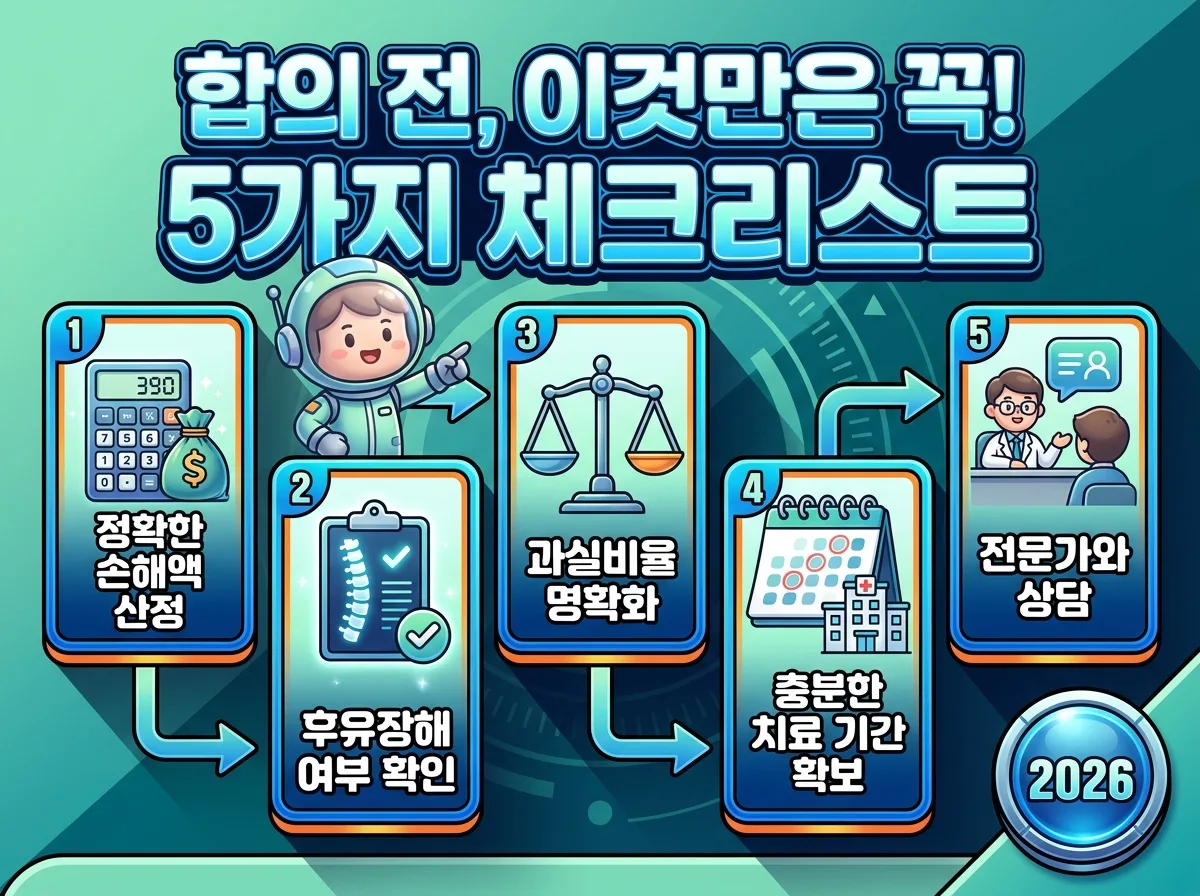 2026년 교통사고 합의금을 구성하는 주요 항목들을 시각적으로 설명하는 인포그래픽. '휴업손해', '상실수익액', '위자료', '기타 치료비' 등 각 항목의 개념과 상징적인 아이콘이 포함되어 있으며, 친근한 캐릭터가 정보를 안내합니다.