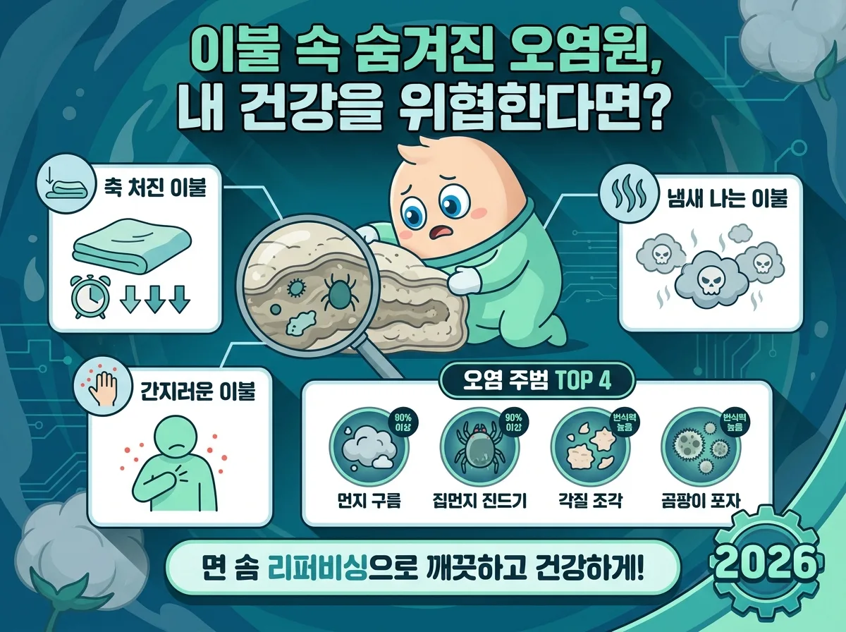 이불 속 숨겨진 오염원과 솜틀이 필요한 이불의 자가 진단 요소를 시각화한 인포그래픽. 축 처진 이불, 냄새, 가려움증 등 문제와 먼지, 진드기, 각질, 곰팡이 등 오염 주범을 강조한다.