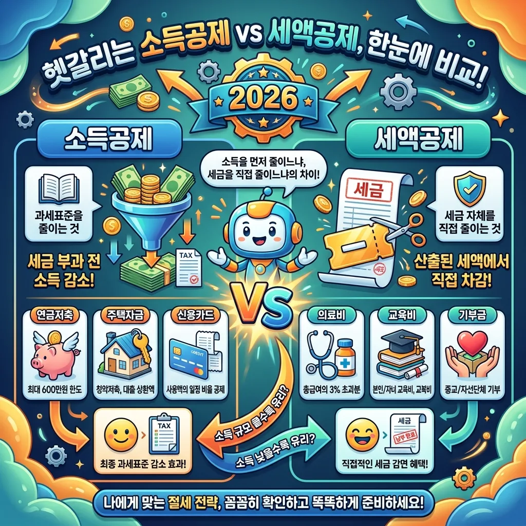 종합소득세의 핵심 개념인 소득공제와 세액공제의 차이점을 명확하게 비교하고 설명하는 인포그래픽 포스터. 각 개념의 정의와 대표적인 사례를 시각적으로 제시하여 독자의 이해를 돕는다.