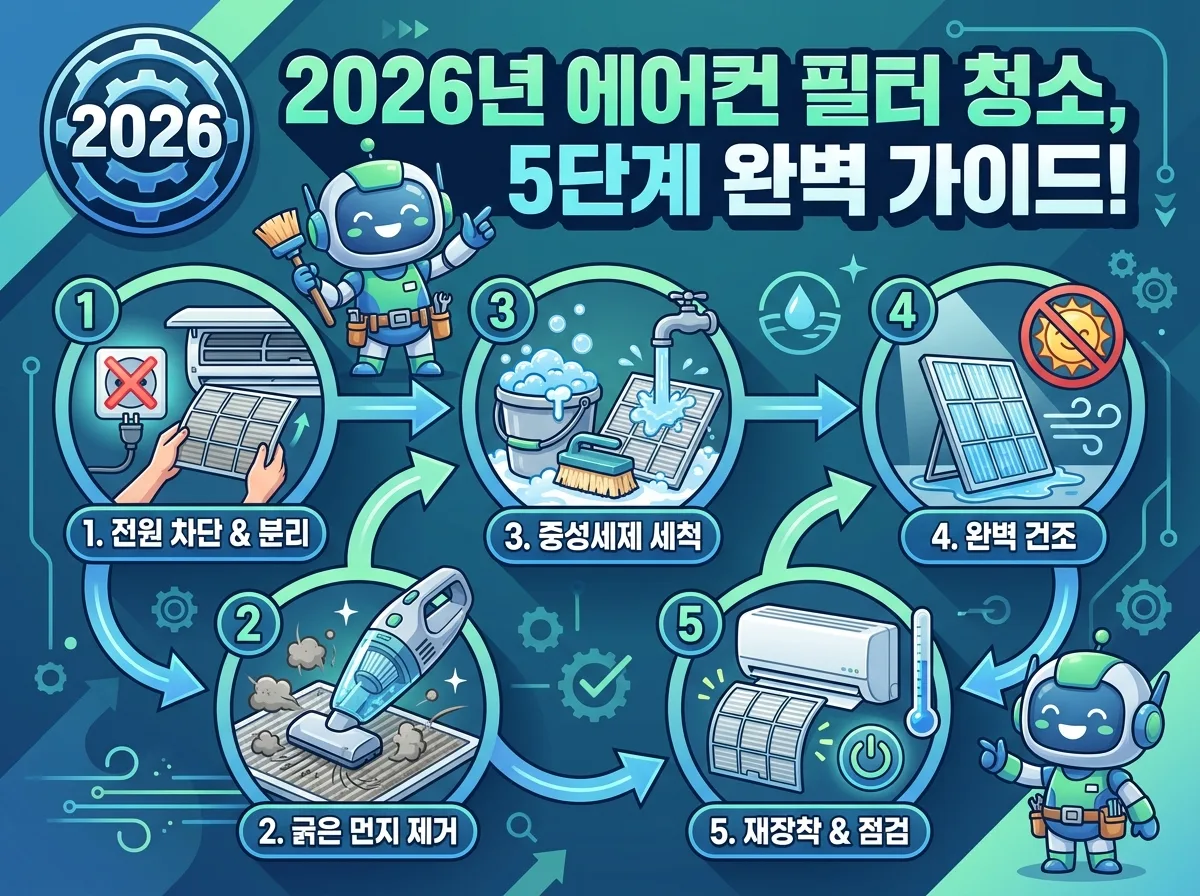 2026년 에어컨 필터 청소에 대한 흔한 오해 3가지와 올바른 진실을 비교하여 보여주는 인포그래픽. 필터 청소의 중요성과 올바른 방법을 명확히 제시한다.