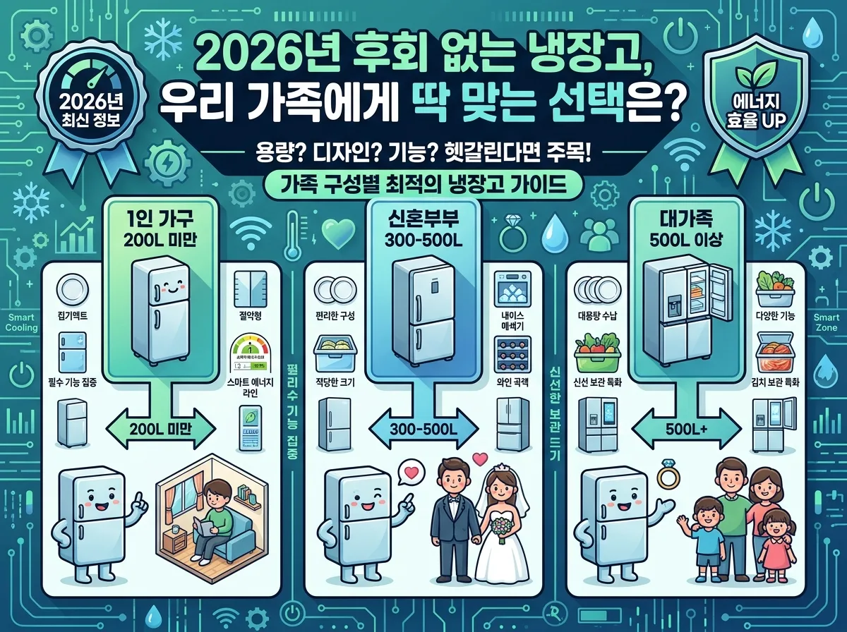 2026년 냉장고를 현명하게 구매하는 4단계 과정을 안내하는 인포그래픽 포스터. 필요성 진단부터 예산 설정, 설치 환경 및 용량 확정, 기능과 디자인 비교, 최종 결정까지의 단계를 한글 제목과 아이콘, 캐릭터로 설명합니다.