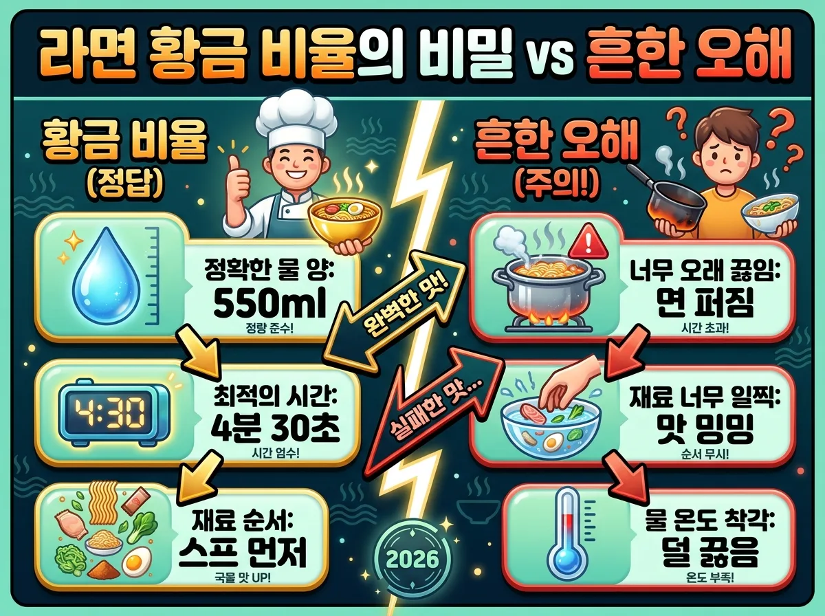 라면 황금 비율의 비밀과 흔한 오해를 시각적으로 비교하는 인포그래픽. 물의 양, 끓이는 시간, 재료 추가 순서 등 올바른 조리법과 잘못된 통념을 대조하며, 친근한 캐릭터가 올바른 라면 조리법을 안내합니다.