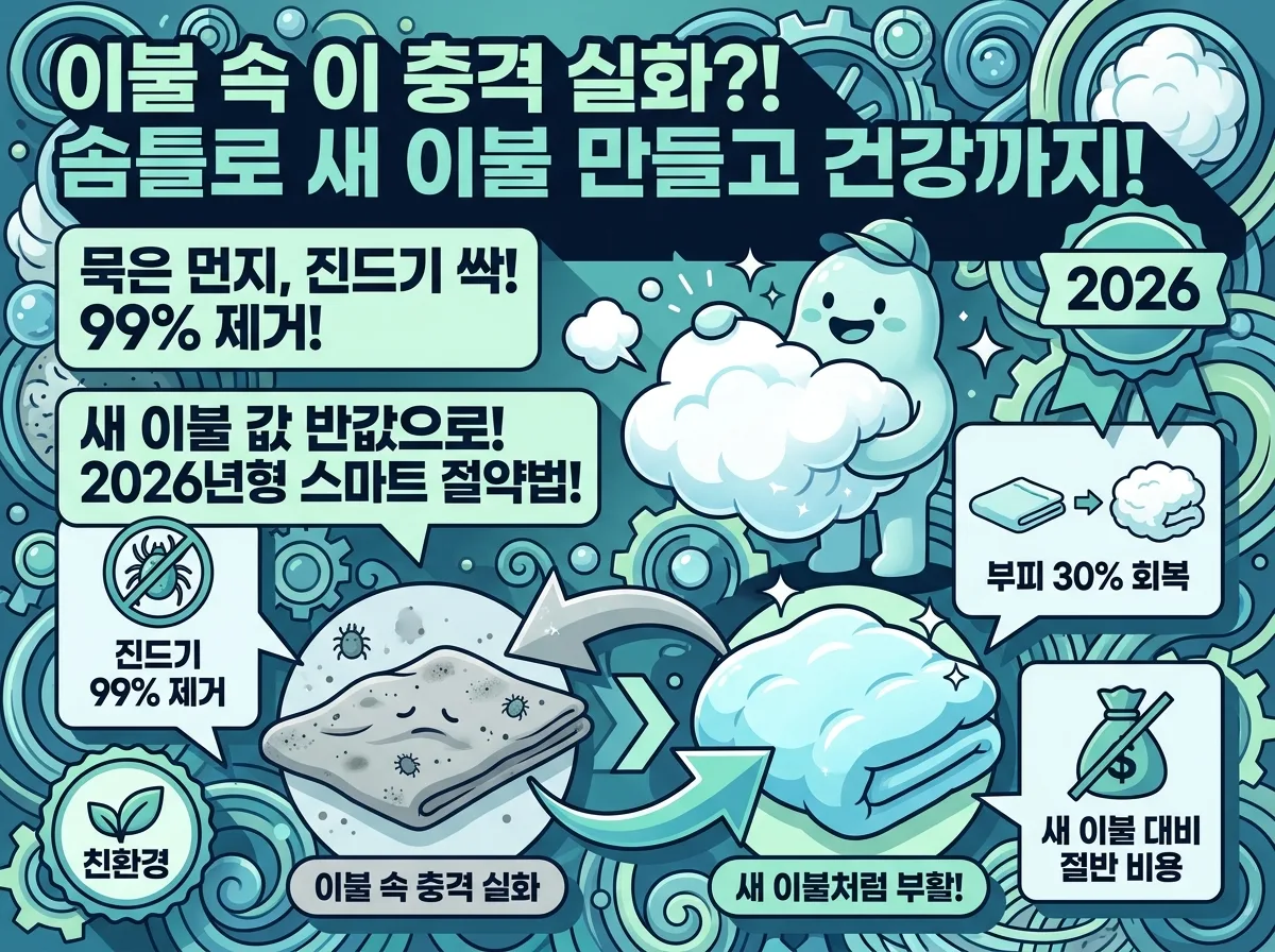 2026년 솜틀 서비스를 통해 낡은 이불을 새것처럼 만들고 건강까지 챙기는 방법을 알려주는 인포그래픽 포스터. 99% 진드기 제거와 30% 부피 회복, 새 이불 대비 절반 비용으로 친환경적인 이불 관리의 장점을 강조한다.