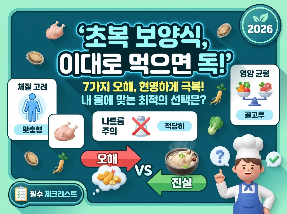 보양식에 대한 5가지 흔한 오해와 실제 진실을 극명하게 비교하는 풍부한 정보성 인포그래픽 포스터. '보양식 오해 5가지, 진실은?'이라는 한글 헤더 아래, '오해'와 '진실' 양쪽에 각각 3~4개의 핵심 내용을 담은 정보 카드들이 아이콘과 함께 시각화되어 있습니다. 친근한 3D 캐릭터가 이해를 돕고 있습니다.