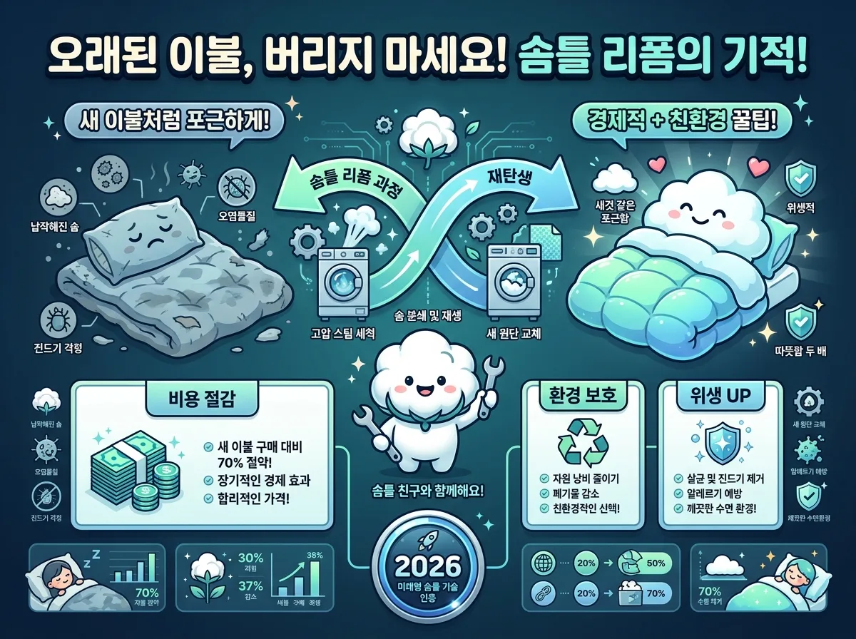 오래된 목화솜 이불이 솜틀 리폼을 통해 새것처럼 변신하는 과정을 보여주는 풍성한 인포그래픽. 경제적 이득, 환경 보호, 위생 증진 등 다양한 핵심 혜택을 친근한 캐릭터와 함께 시각화하여 이불 리폼의 모든 것을 한눈에 이해할 수 있도록 구성된 포스터 이미지.