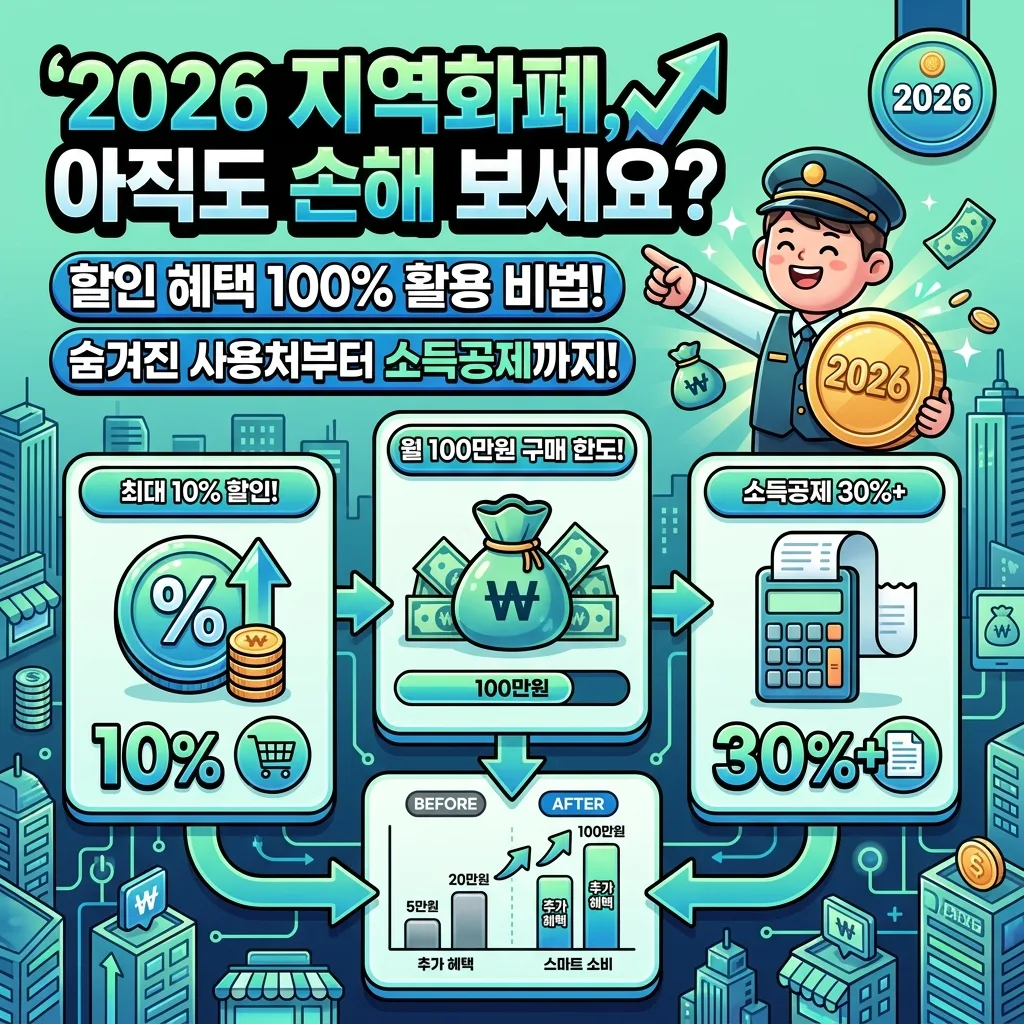 2026년 지역화폐의 최대 10% 할인 혜택, 월 구매 한도, 소득공제 방법을 안내하는 정보 가득한 인포그래픽 포스터. 웃는 캐릭터가 설명하고 '2026' 배지가 강조된 모습입니다.