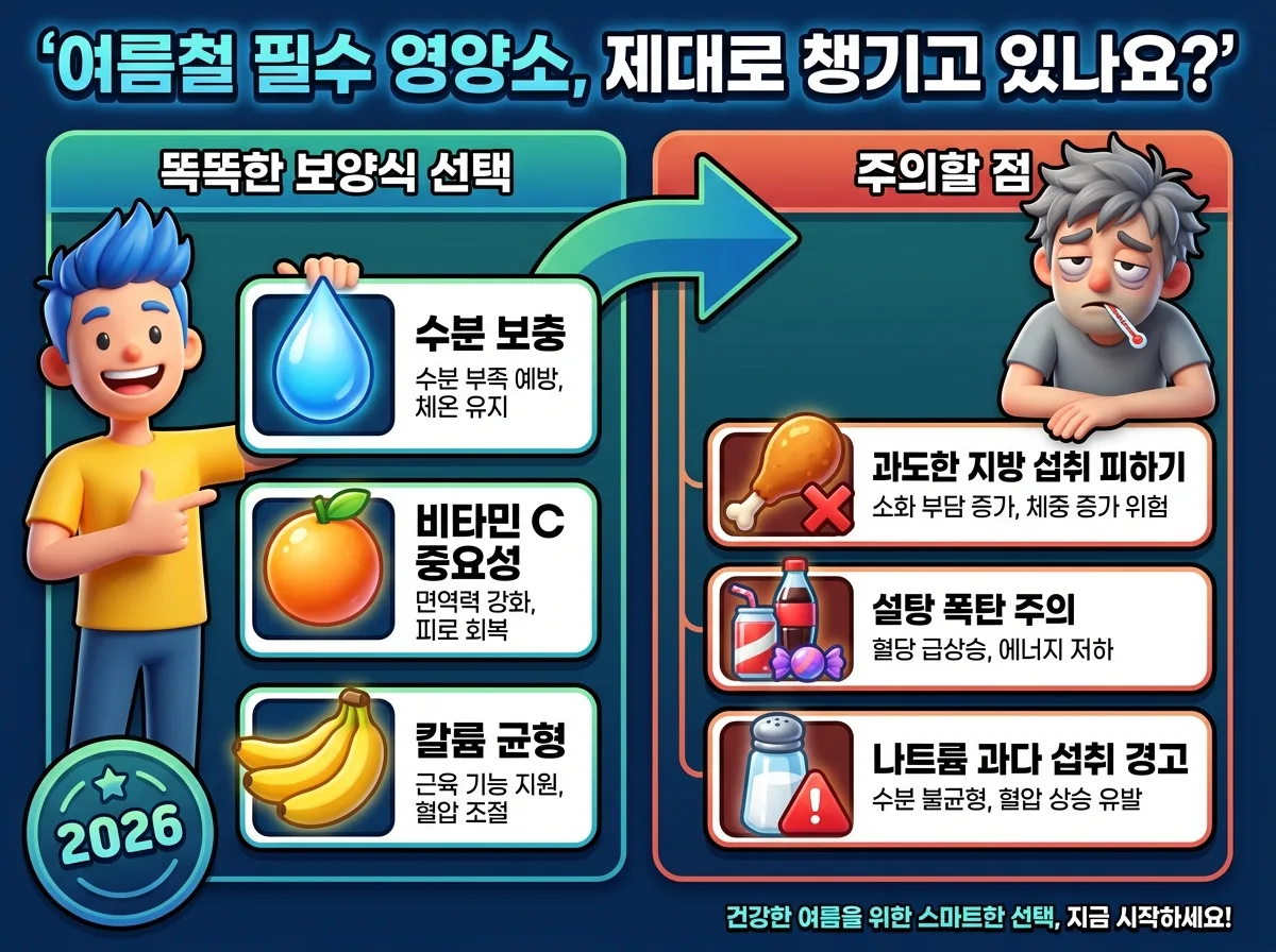 여름철 대표 과일인 수박의 진짜 효능과 흔한 오해를 명확히 비교하며 제대로 먹는 법을 알려주는 인포그래픽 포스터. '수박! 보약 vs 오해, 제대로 알고 먹자!'라는 헤더 아래 팩트체크와 효능 정보가 친근한 캐릭터와 아이콘으로 가득합니다.