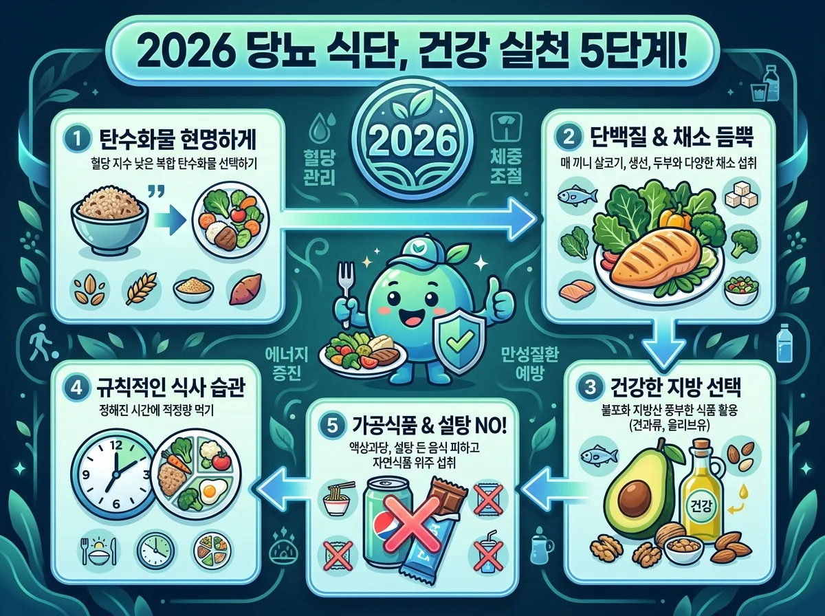 2026년 당뇨 예방 및 관리를 위한 건강 식단 실천 5단계를 설명하는 인포그래픽 포스터. '2026 당뇨 식단, 건강 실천 5단계!'라는 헤더 아래, 탄수화물 조절, 단백질 및 채소 섭취, 건강한 지방 선택, 규칙적인 식사, 가공식품/설탕 줄이기 등 각 단계가 번호와 아이콘, 한글 설명으로 시각화되어 있습니다. 흐름 화살표가 단계를 연결하며, 친근한 3D 카툰 마스코트가 건강한 식습관을 보여줍니다. '2026' 배지가 포함되어 있습니다.