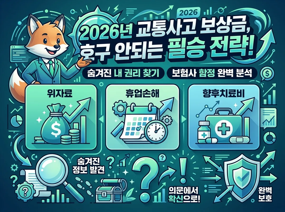 2026년 교통사고 보상금에 대한 흔한 오해 3가지와 그에 대한 진실을 명확히 보여주는 정보성 인포그래픽 포스터. '오해와 진실'을 대조하며 보험사의 말만 믿거나 경미한 사고에 대한 편견, 전문가 비용에 대한 잘못된 인식을 바로잡는 내용을 담고 있습니다. 친근한 캐릭터가 각 항목을 설명하며, 아이콘과 한글 텍스트로 정보가 꽉 차 있습니다.