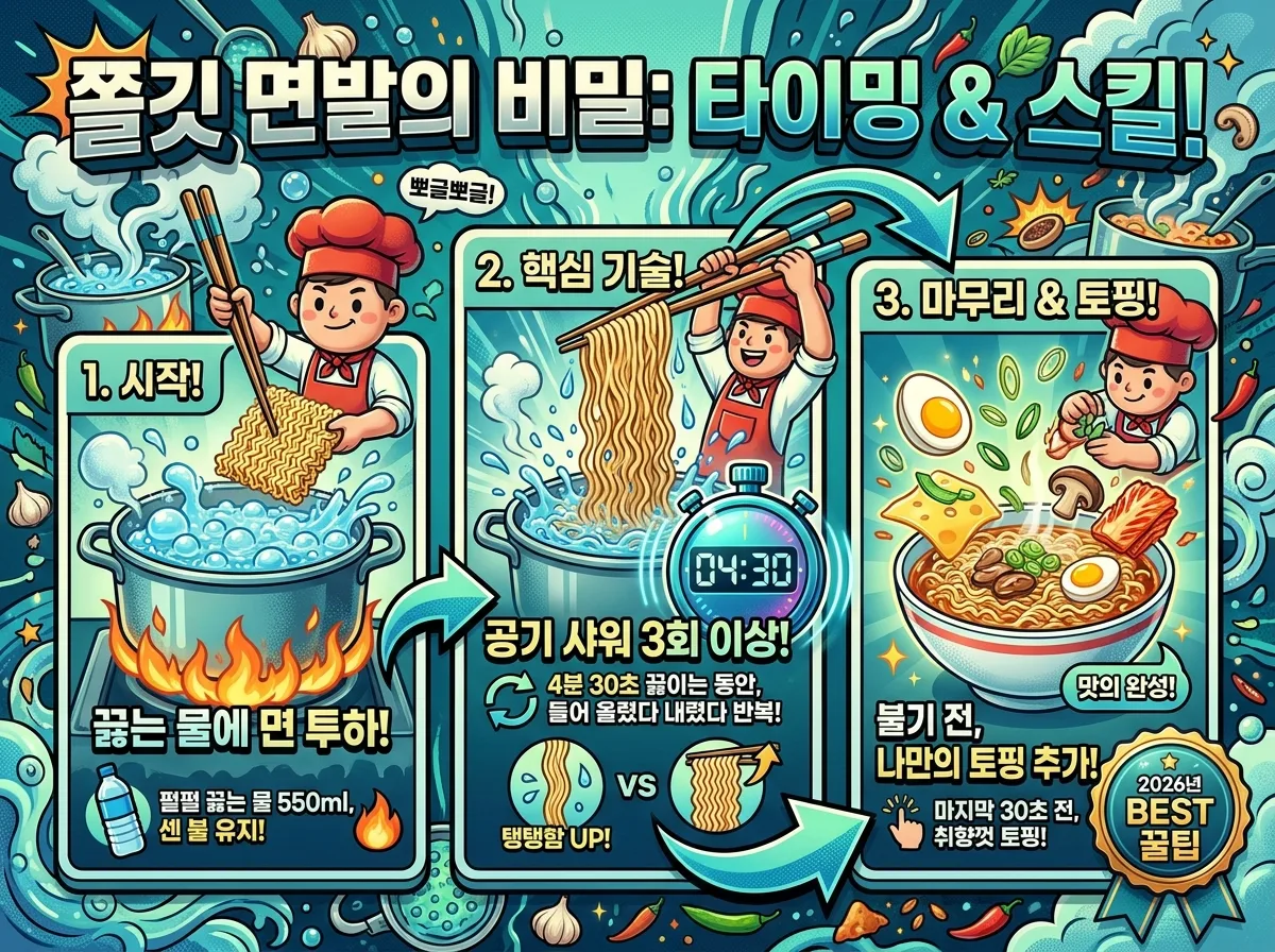 쫄깃한 면발과 완벽한 토핑 조합을 위한 라면 조리 과정을 설명하는 강렬한 인포그래픽 포스터. '쫄깃 면발의 비밀: 타이밍 & 스킬!'이라는 제목 아래, 면 투하, 4분 30초 조리 및 공기 샤워 3회 이상, 그리고 토핑 추가 타이밍 등 세 가지 핵심 단계를 친근한 요리사 캐릭터가 안내한다. 2026년 BEST 꿀팁 배지가 포함되어 있다.