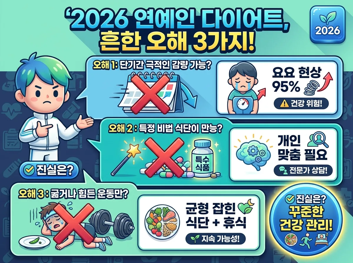 2026년 요요 현상 없이 건강하게 체중을 유지하기 위한 다섯 가지 핵심 요소를 명확한 인포그래픽으로 보여주는 포스터. 균형 잡힌 식단, 꾸준한 운동, 충분한 수면, 수분 섭취, 전문가 상담의 중요성을 시각적으로 강조합니다.