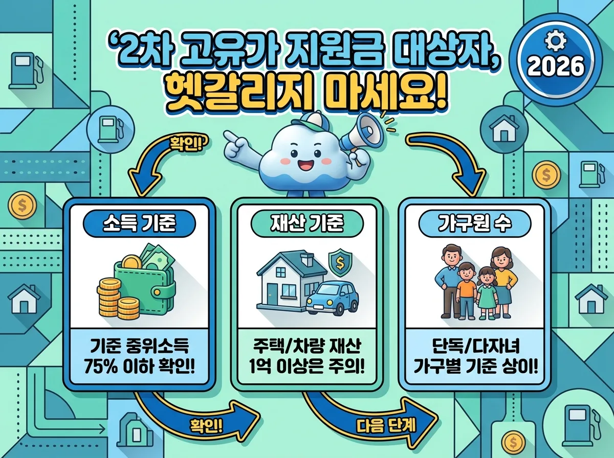 2026년 고유가 지원금 신청 전 꼭 확인해야 할 사항들을 시각화한 인포그래픽. 흔한 오해, 신청 기간, 필요 서류, 중복 수혜 금지 등 중요한 체크리스트 항목들을 친근한 캐릭터와 아이콘, 한글 설명으로 꽉 채워 보여준다.