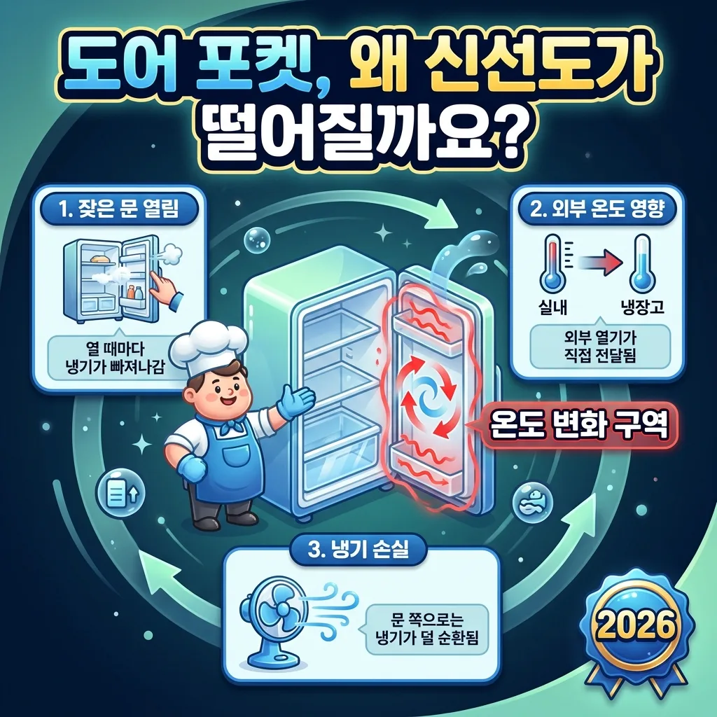냉장고 도어포켓의 신선도 저하 원인을 설명하는 인포그래픽 포스터. '도어 포켓, 왜 신선도가 떨어질까요?'라는 한글 헤더와 함께 잦은 문 열림, 외부 온도 영향, 냉기 손실 세 가지 주요 원인을 아이콘과 설명 카드, 온도 변화 다이어그램으로 시각화했습니다. 친근한 3D 캐릭터가 정보를 안내하며 2026년 기준의 설명을 제공합니다.