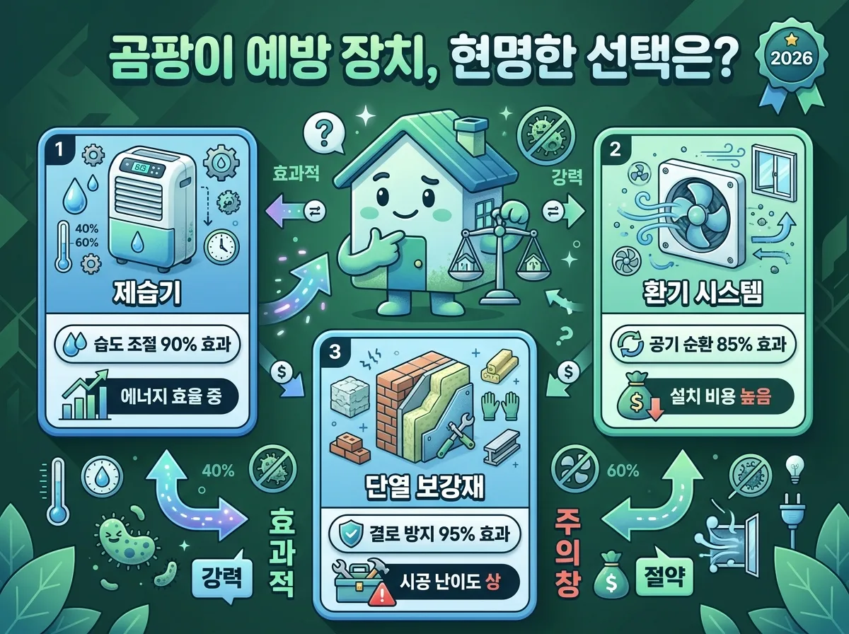 2026년 집안 곰팡이 발견 시 효과적으로 대처하고 재발을 방지하는 3단계 타임라인 인포그래픽 포스터. 원인 파악과 초기 제거, 습도 및 환기 환경 개선, 그리고 지속적인 관리 및 점검 단계를 시각적으로 명확하게 안내합니다.