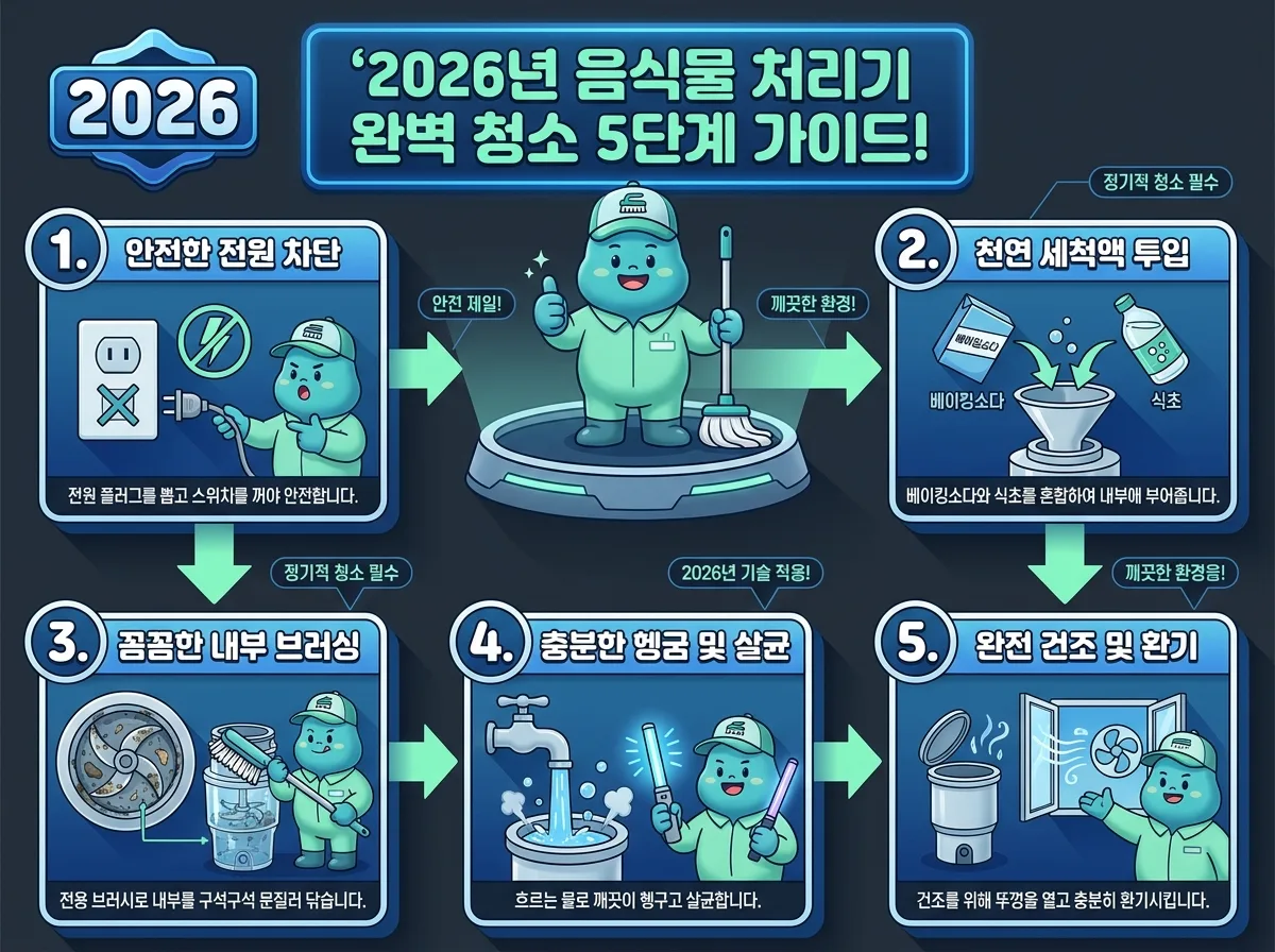 2026년 음식물 처리기 내부를 완벽하게 청소하는 5가지 단계를 순서대로 보여주는 인포그래픽. 각 단계별 핵심 방법과 주의사항을 아이콘과 함께 설명합니다.