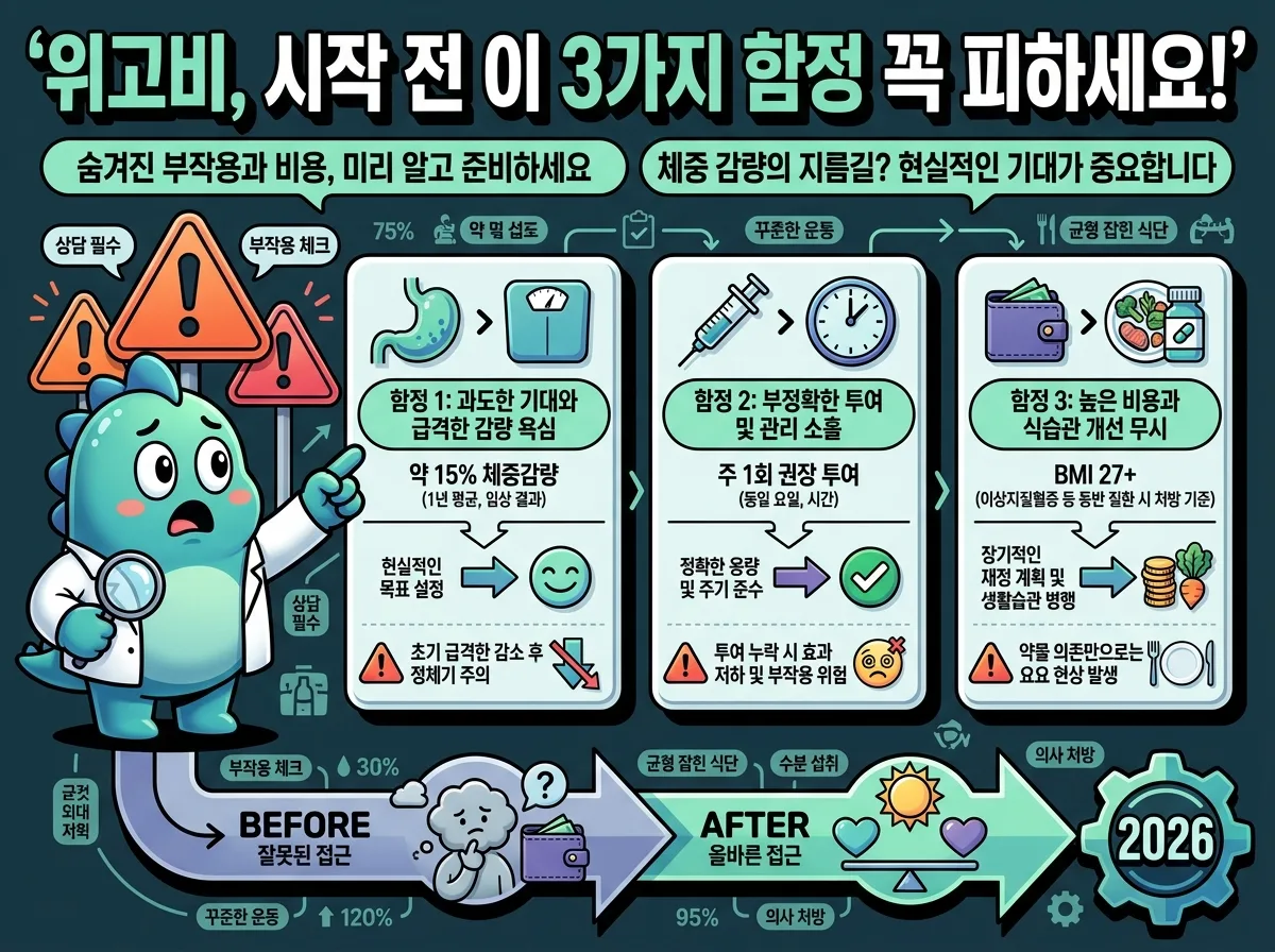 위고비 치료를 시작하기 전에 반드시 점검해야 할 세 가지 핵심 사항을 시각적으로 보여주는 체크리스트 인포그래픽 포스터입니다.