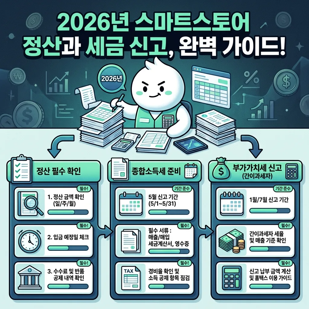 2026년 스마트스토어 셀러를 위한 정산 확인 사항, 종합소득세 준비, 부가가치세 신고(간이과세자) 절차를 안내하는 상세 인포그래픽. '2026년 스마트스토어 정산과 세금 신고, 완벽 가이드!'라는 제목 아래, 각 단계를 명확히 시각화하여 셀러의 세금 관리 부담을 덜어줍니다.