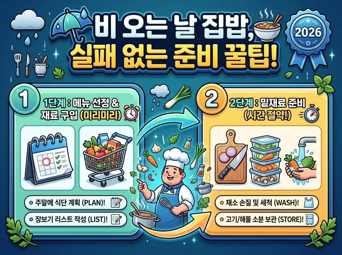 2026년 비 오는 날 집밥 요리를 위한 2단계 준비 꿀팁을 3D 캐릭터와 함께 보여주는 인포그래픽.