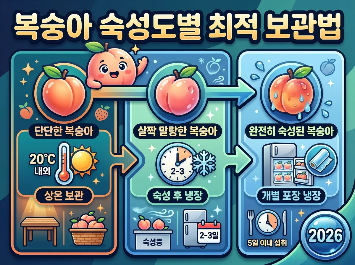 2026년 복숭아를 2주 동안 물러짐 없이 신선하게 보관하기 위한 핵심 2단계 과정을 보여주는 인포그래픽. 구매 직후 분류와 진단, 그리고 상온 숙성과 개별 포장의 중요성을 상세한 설명과 아이콘으로 제시합니다.