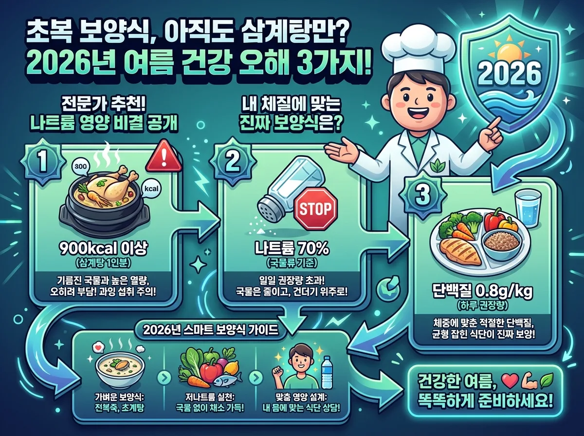 2026년 초복 보양식에 대한 3가지 흔한 오해를 시각적으로 명확히 보여주는 인포그래픽. 각 오해마다 관련 수치(900kcal, 나트륨 70%, 단백질 0.8g/kg)와 함께 잘못된 인식을 상징하는 아이콘(과도한 삼계탕, 소금 가득 국물, 배 아픈 사람)이 그려져 있고, 올바른 진실을 알려주는 텍스트와 아이콘이 대조적으로 제시됩니다. 전문가 캐릭터가 설명을 돕고 있습니다.