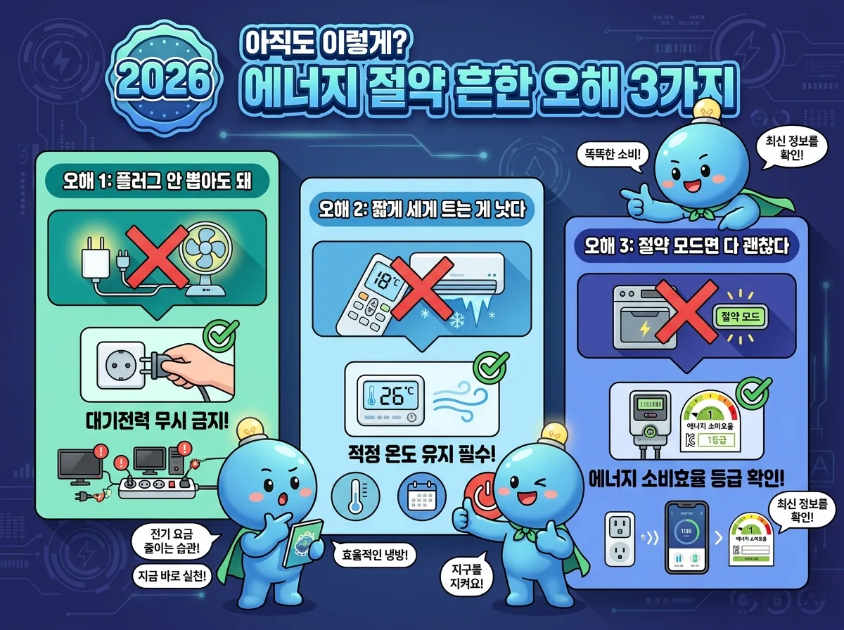 2026년 스마트 기술을 활용한 에너지 절약 솔루션을 보여주는 인포그래픽. 스마트 플러그, 스마트 온도조절기, 에너지 모니터링 앱 등 최신 기술을 통해 월 10만원을 절약하는 방법을 귀여운 캐릭터와 함께 시각화했다.