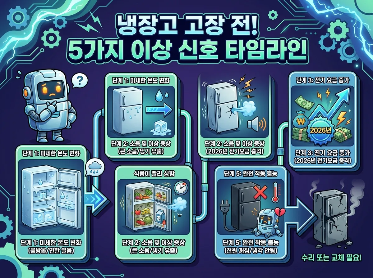 2026년 냉장고 적정 온도 관리를 통해 얻을 수 있는 3가지 핵심 이점을 보여주는 밝고 활기찬 인포그래픽 포스터. 전기세 절약, 식품 신선도 유지, 고장 예방 및 수명 연장 혜택을 3D 캐릭터와 함께 시각화했습니다.